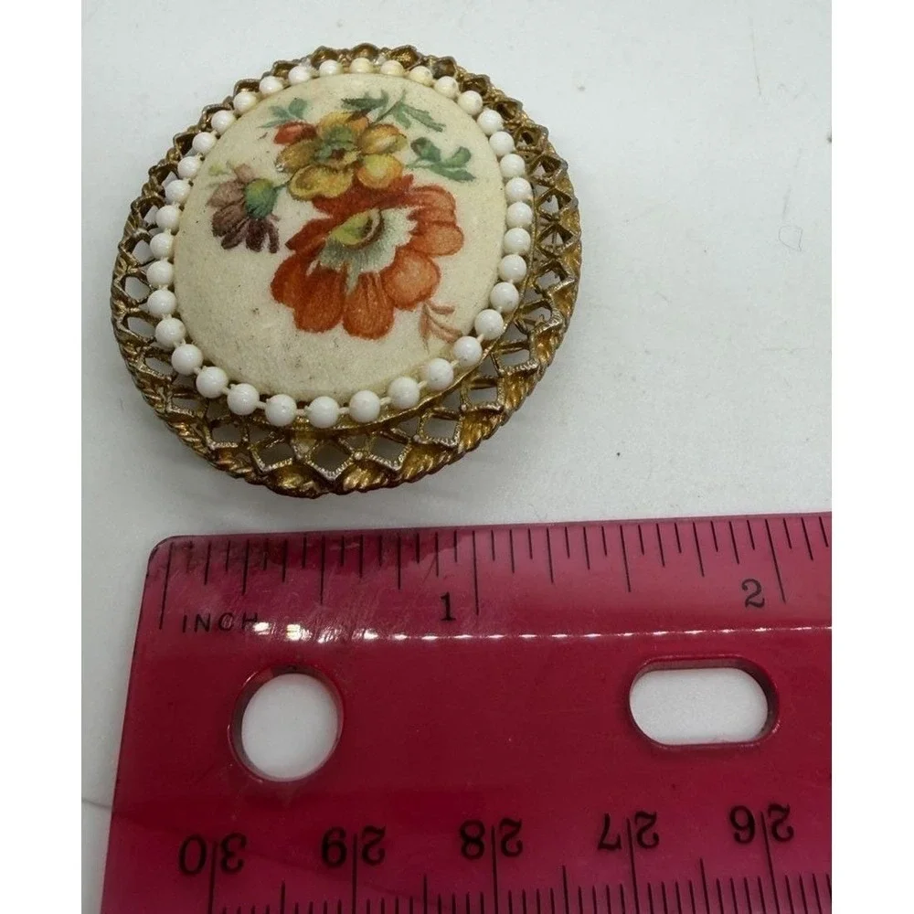 Vintage 1950s W Germany Sugared Cameo Brooch Pin Hand Painted Floral Flower